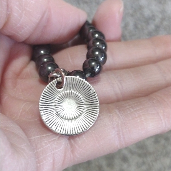 HEMATITE BEADED SILVER-TONE KARMA CHARM STRETCH BRACELET - Picture 3 of 9